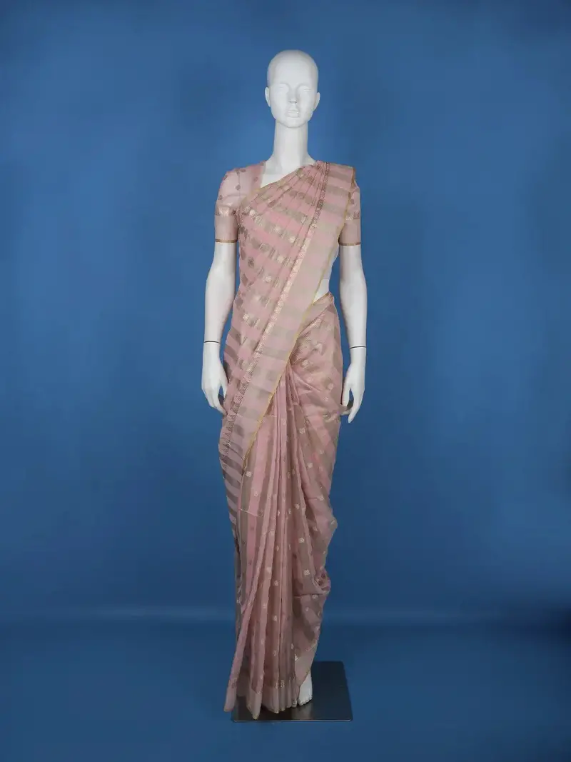 Pink And Gold Striped Design Semi Tussar Saree 1