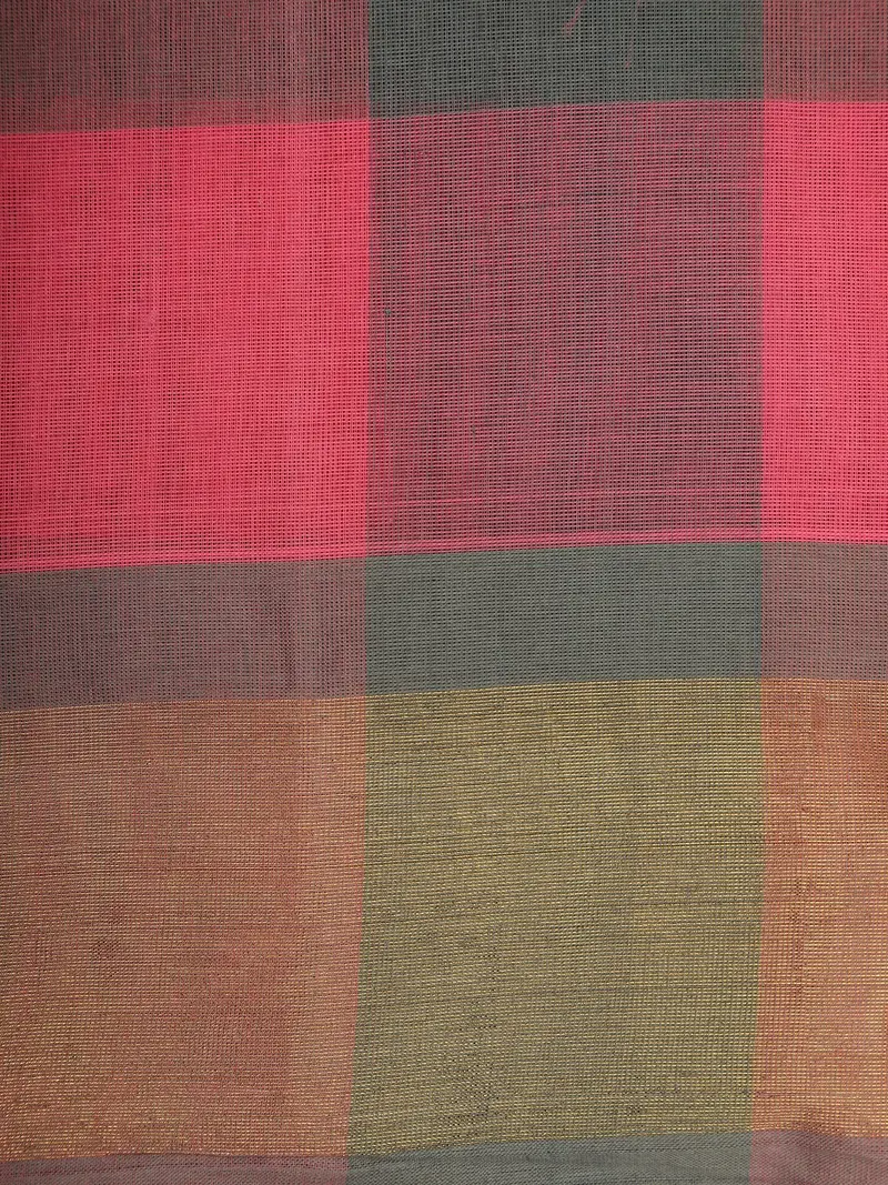 Pink And Green Checked Design Cotton Saree With Woven Border 2