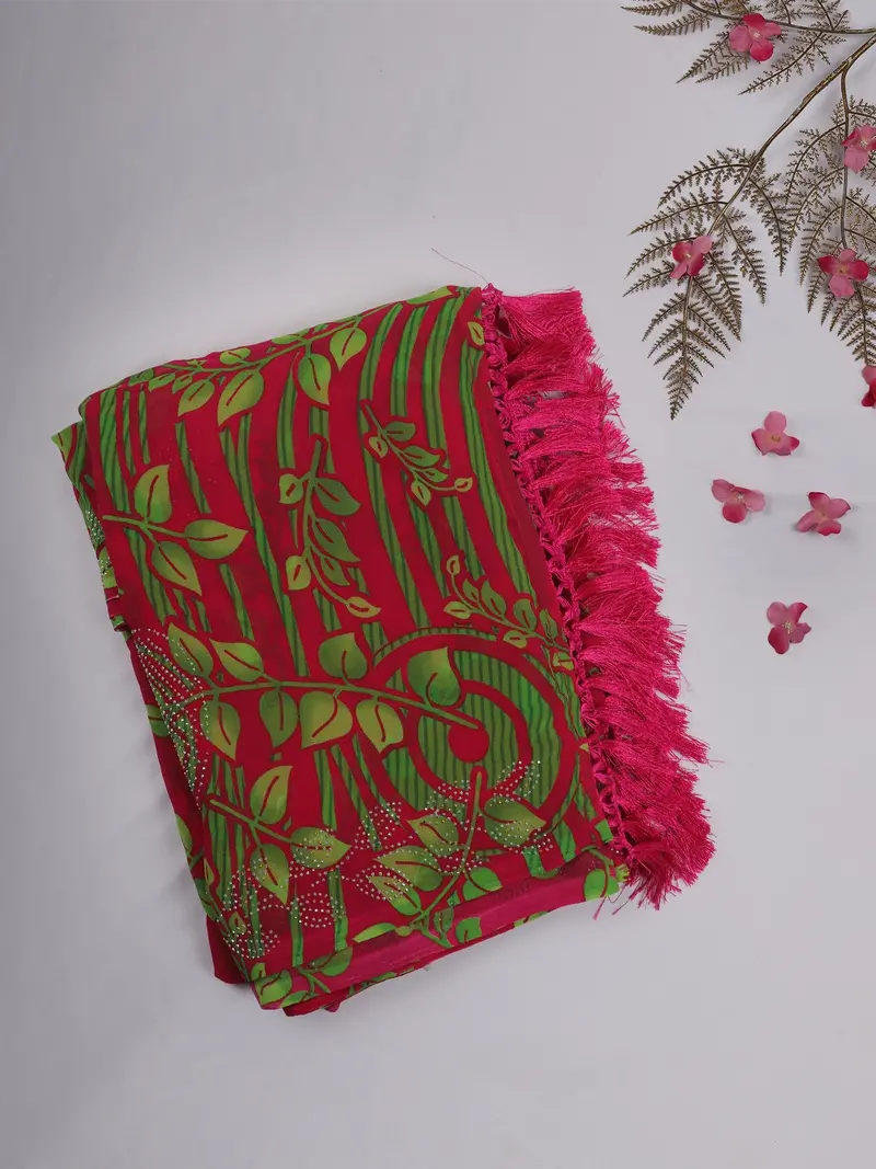 Pink And Green Leaf Printed Design Chiffon Saree With Stone Embellished Border 1