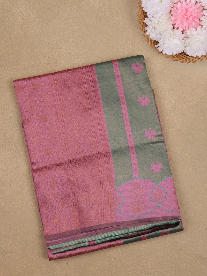 Pink And Green Woven Art Silk Saree With Floral Geometric Zari Border 1