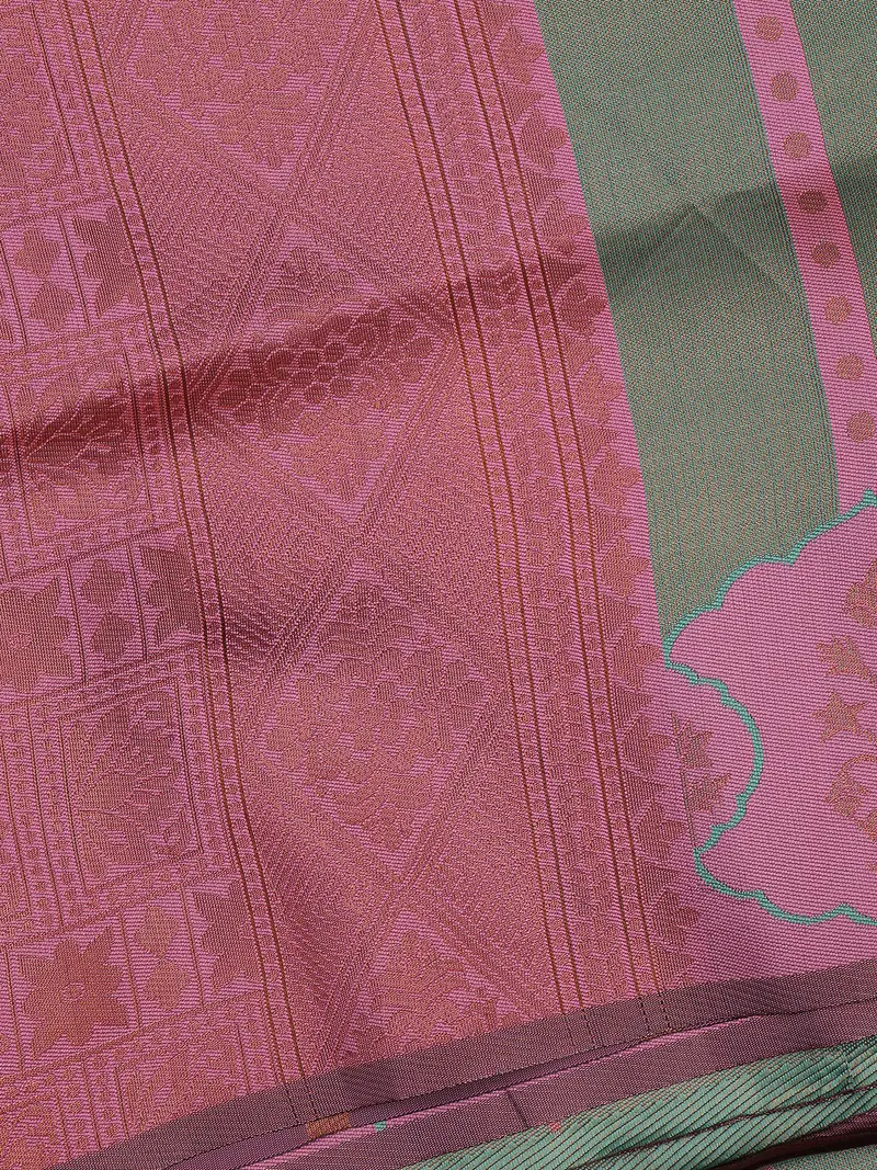 Pink And Green Woven Art Silk Saree With Floral Geometric Zari Border 2