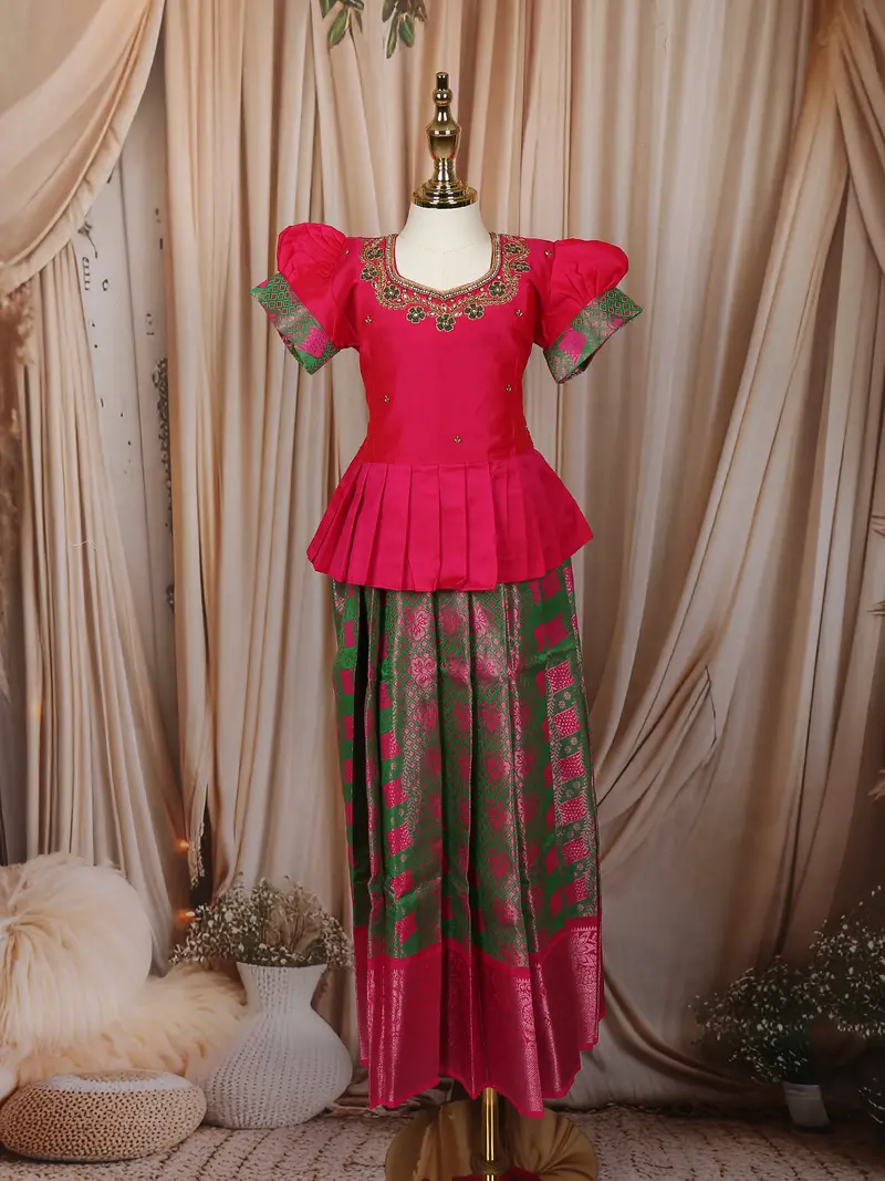 Pink And Green  Zari Woven Design Art Silk Kids Pattu Pavadai 1