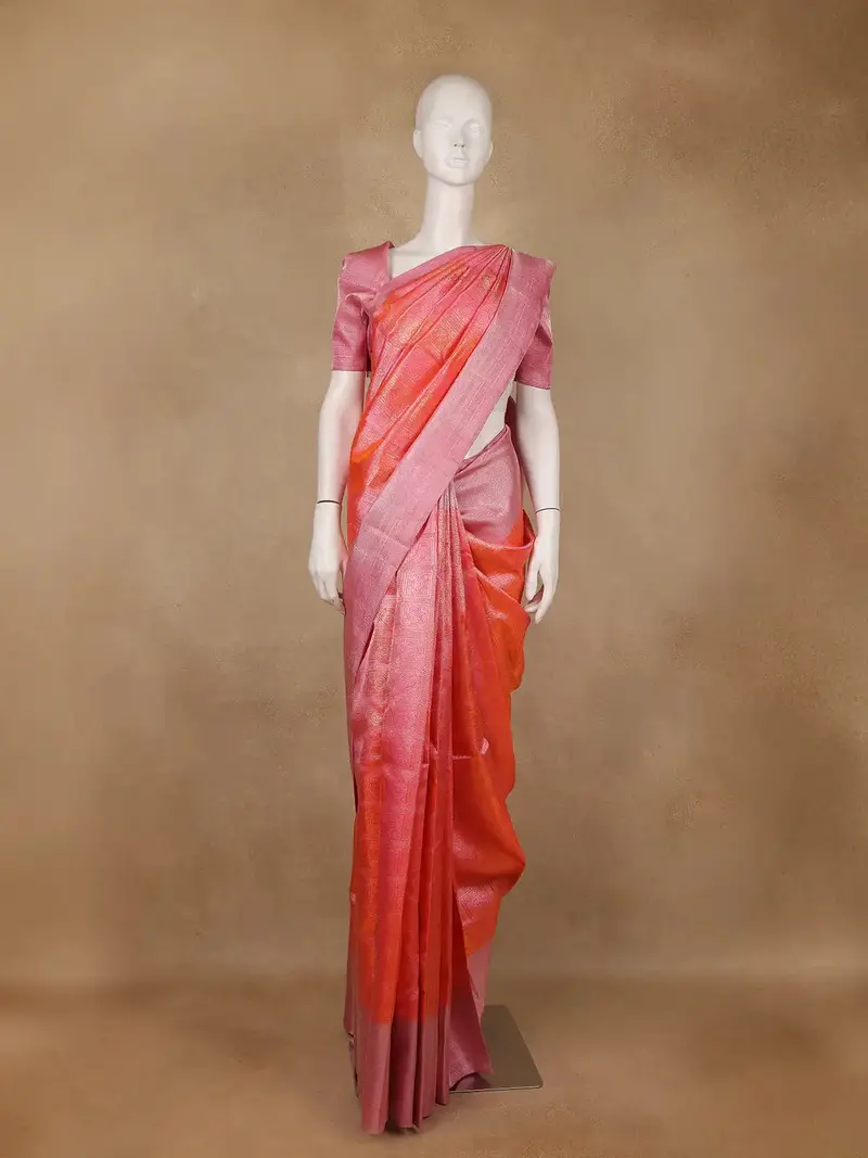 Pink And Orange Dual Tone Geometric Woven Design Pure Kanchipuram Silk Saree 1