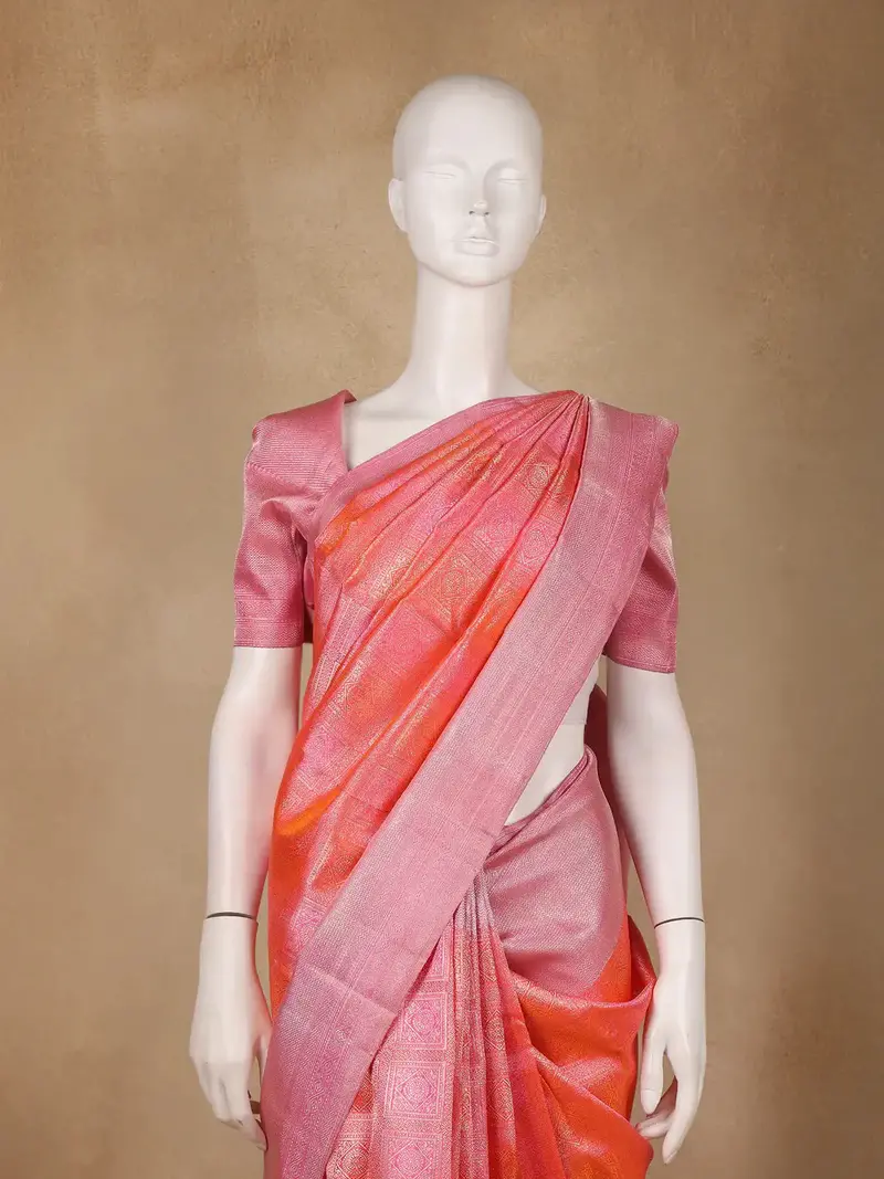 Pink And Orange Dual Tone Geometric Woven Design Pure Kanchipuram Silk Saree 2