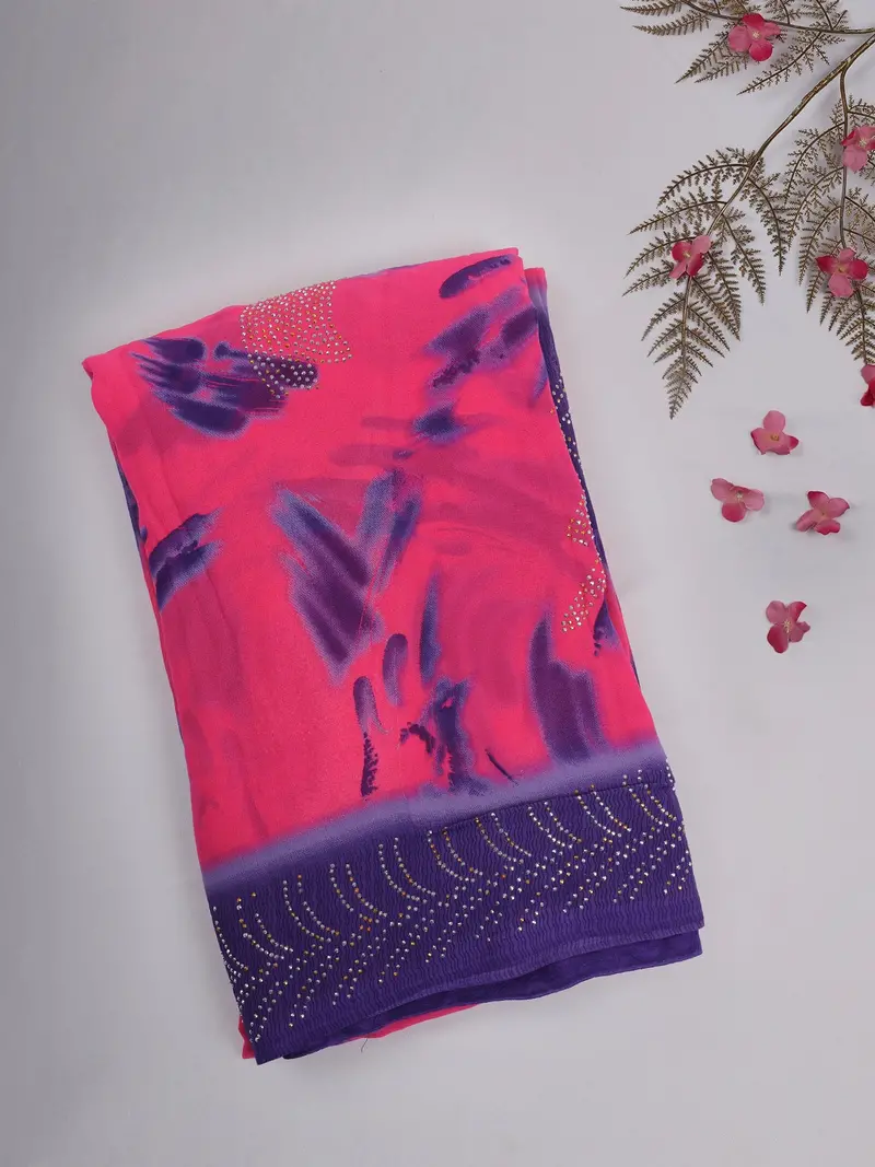 Pink And Purple Abstract Printed Chiffon Saree With Stone Embellished Border 1