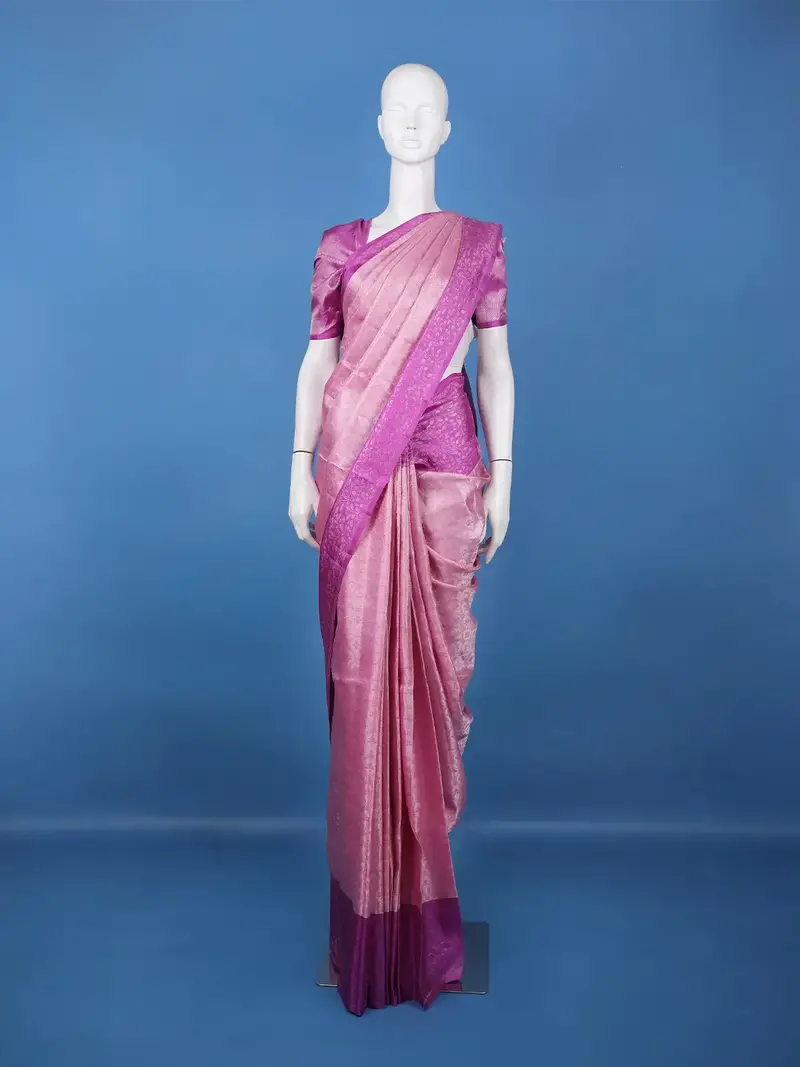 Pink And Purple Floral Motif Woven Pure Kanchipuram Silk Saree With Zari Border 1