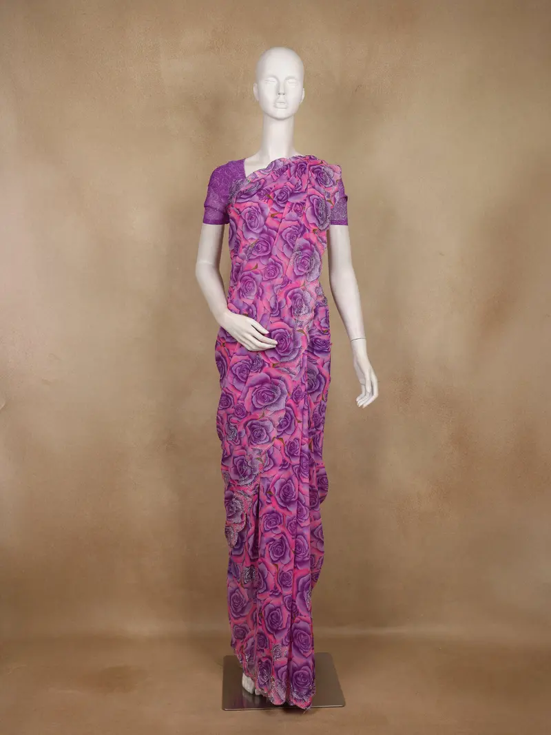 Pink And Purple Floral Printed Design Chiffon Saree 1
