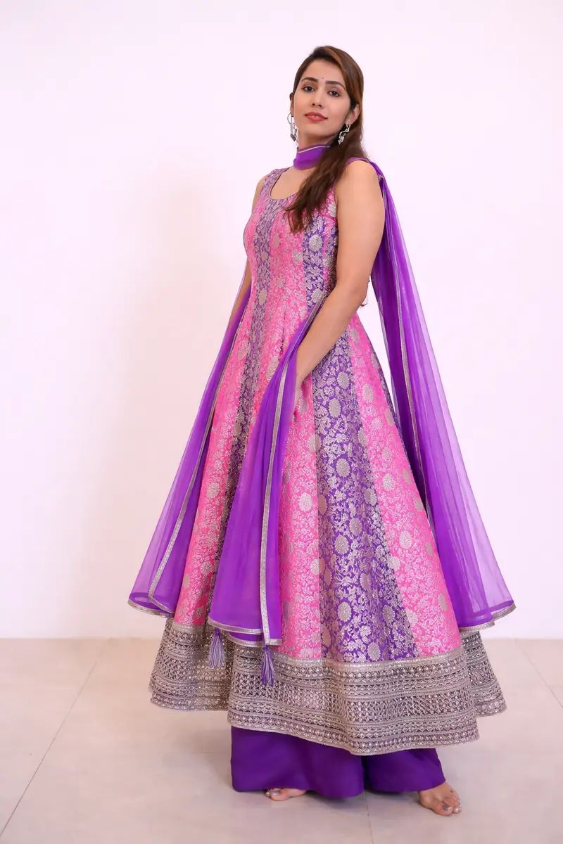 Pink And Purple Floral Woven Banarasi Silk Palazzo Suit With Sheer Dupatta 1