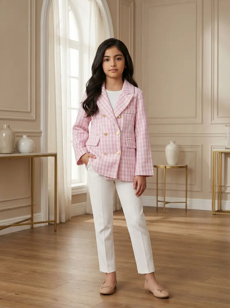 Pink And White Houndstooth Pattern Double-Breasted Blazer With Gold Buttons 1