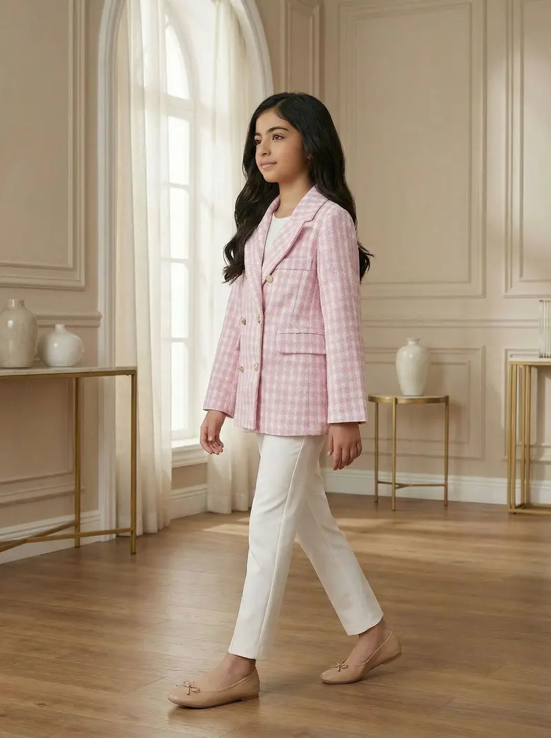 Pink And White Houndstooth Pattern Double-Breasted Blazer With Gold Buttons 2
