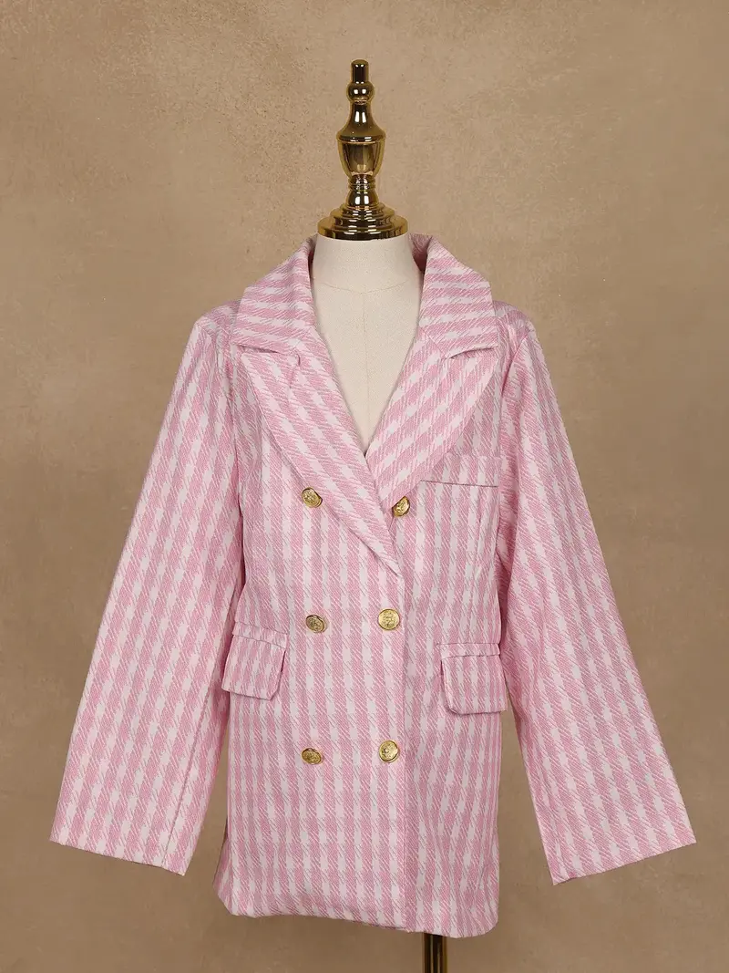 Pink And White Houndstooth Pattern Double-Breasted Blazer With Gold Buttons 3