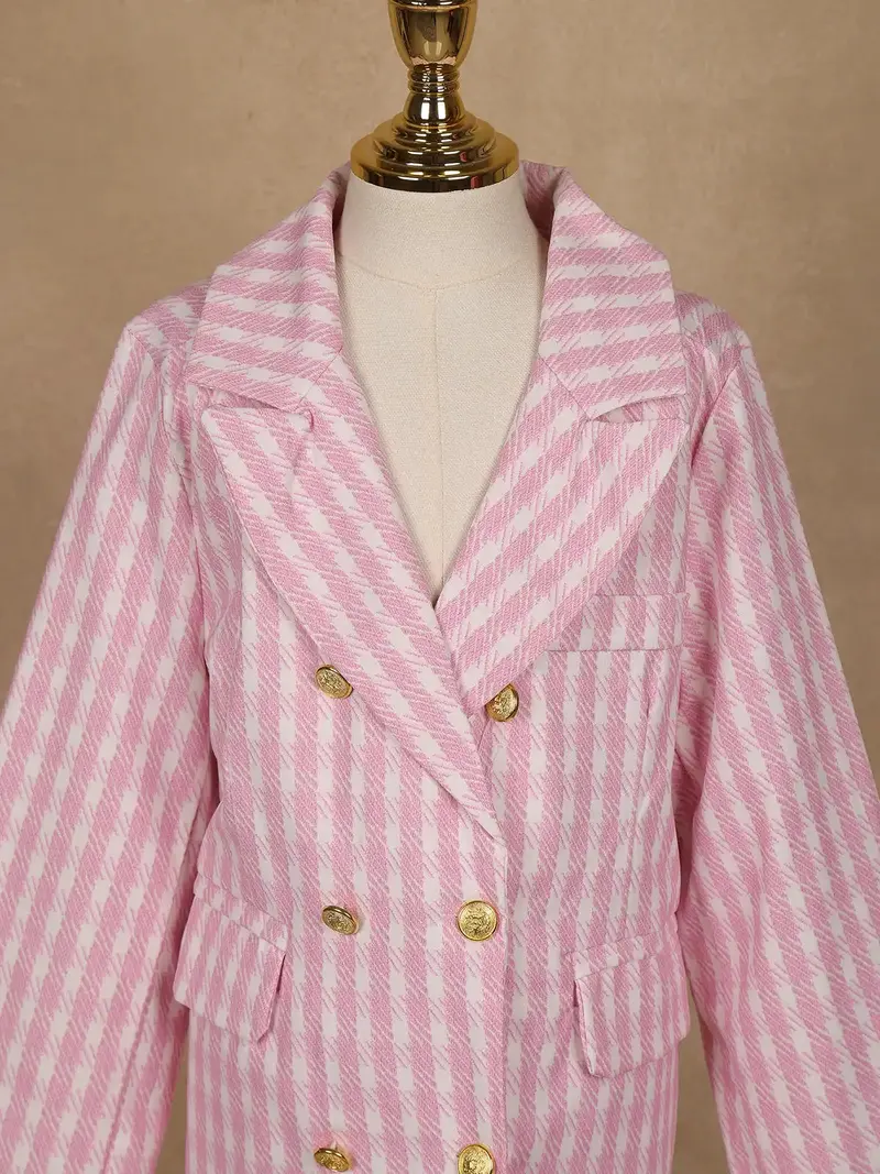 Pink And White Houndstooth Pattern Double-Breasted Blazer With Gold Buttons 4