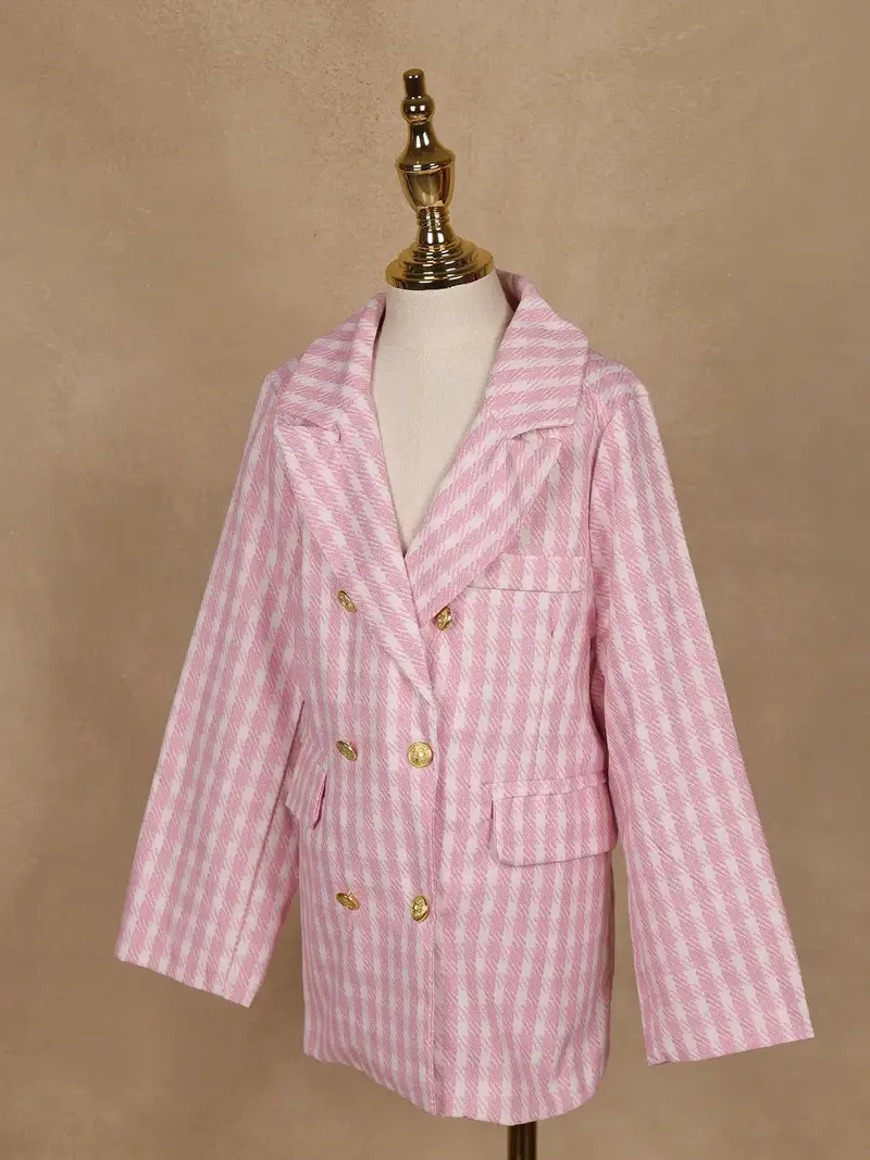 Pink And White Houndstooth Pattern Double-Breasted Blazer With Gold Buttons 5