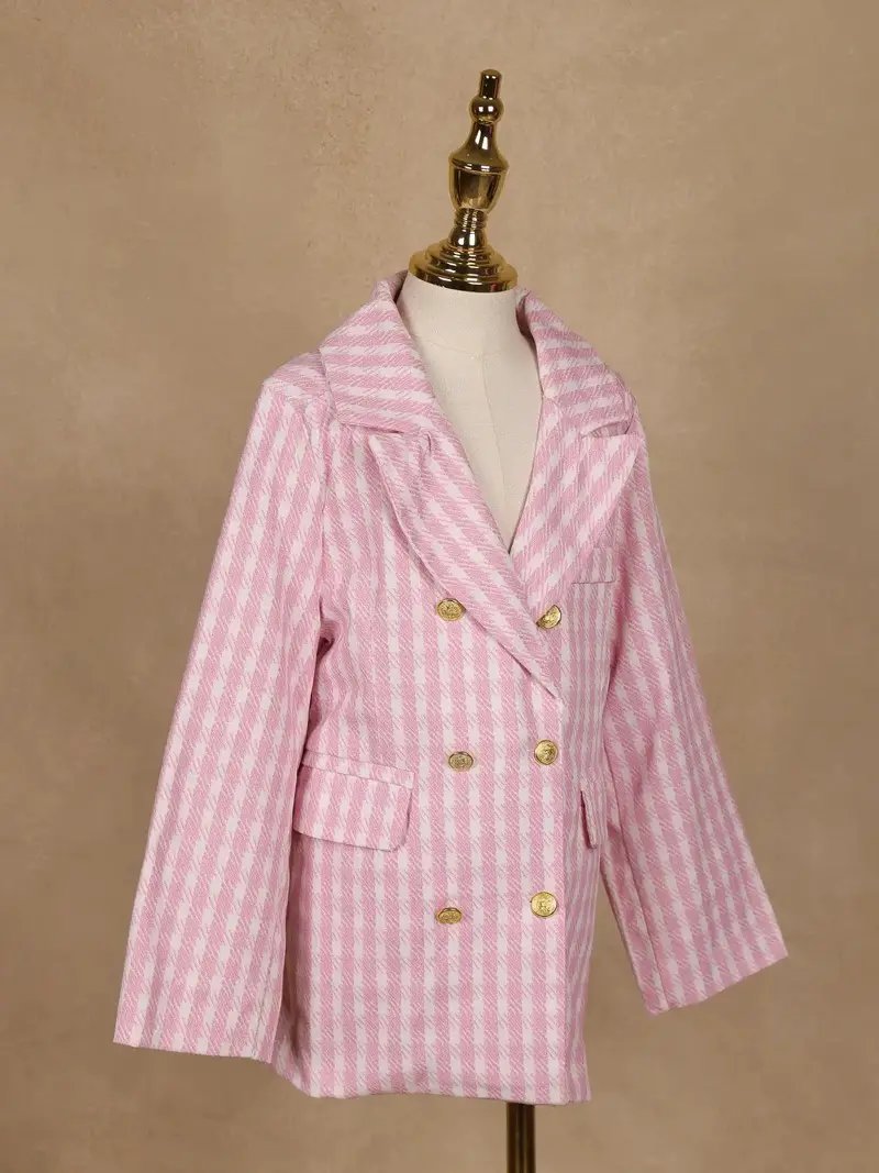 Pink And White Houndstooth Pattern Double-Breasted Blazer With Gold Buttons 6