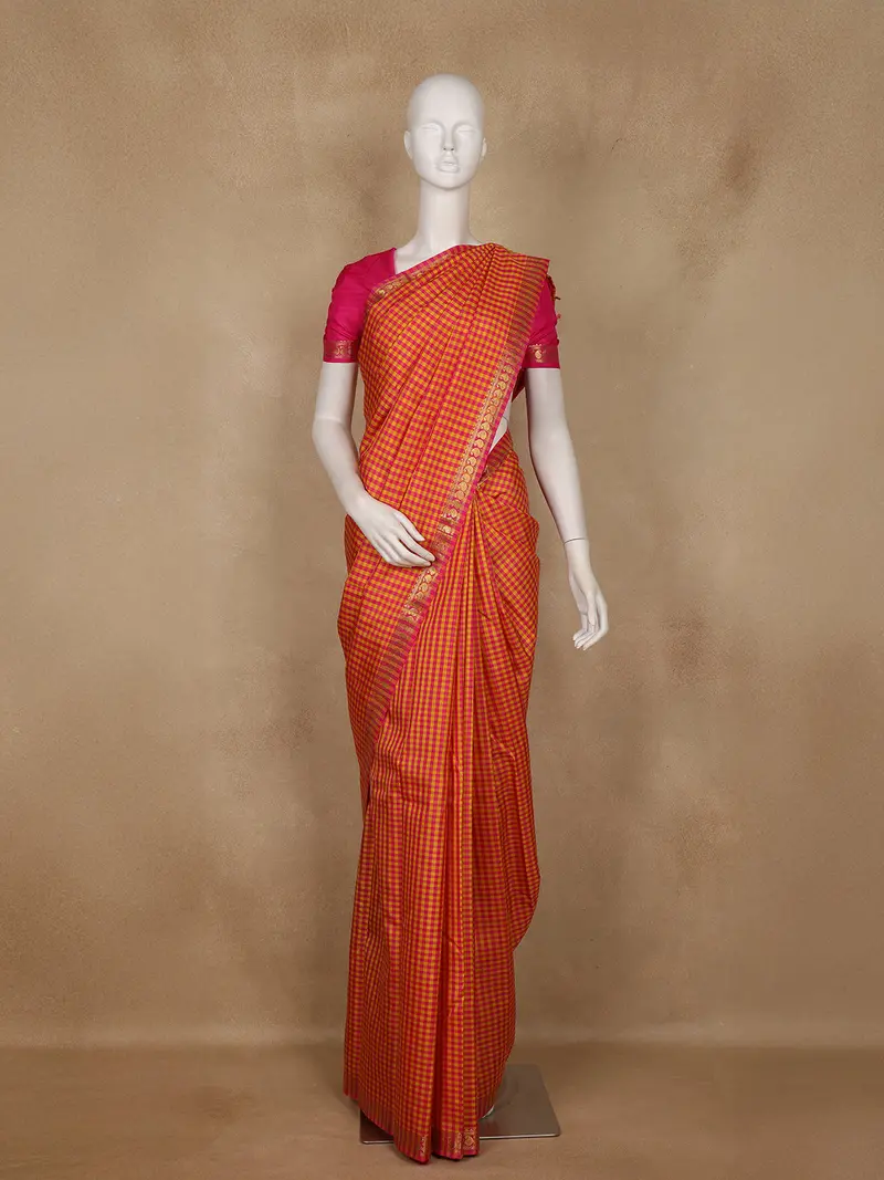 Pink And Yellow Checks Woven Pure Kanchipuram Silk Saree 1