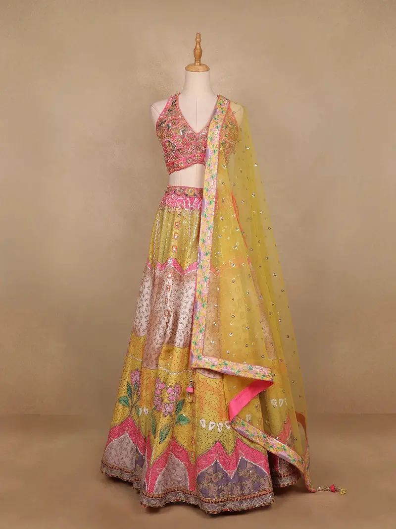 Pink And Yellow Floral Embroidery Semi Silk Bridesmaid Lehenga 1