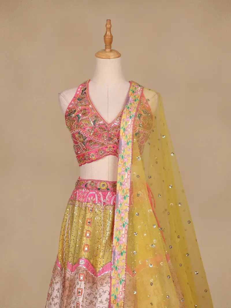 Pink And Yellow Floral Embroidery Semi Silk Bridesmaid Lehenga 2