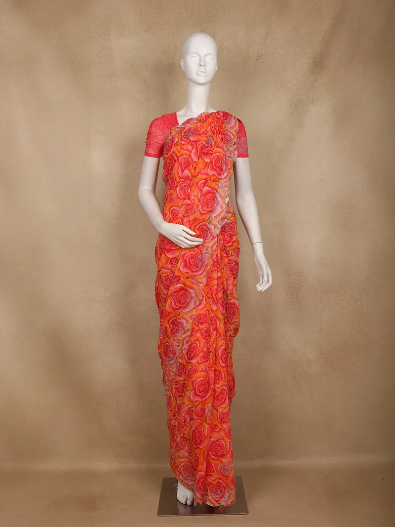 Pink And Yellow Floral Printed Design Chiffon Saree 1