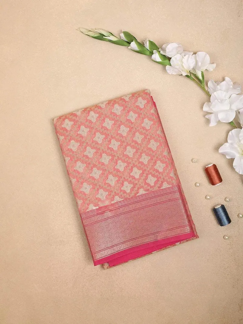 Pink Art Silk Saree With Diagonal Floral Design On The Body With Zari Border 1