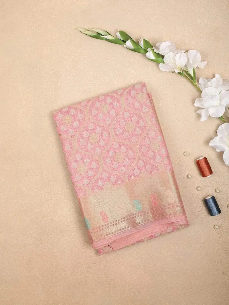 Pink Art Silk Saree With Geometric Design On The Body With Paisley Design Border 1