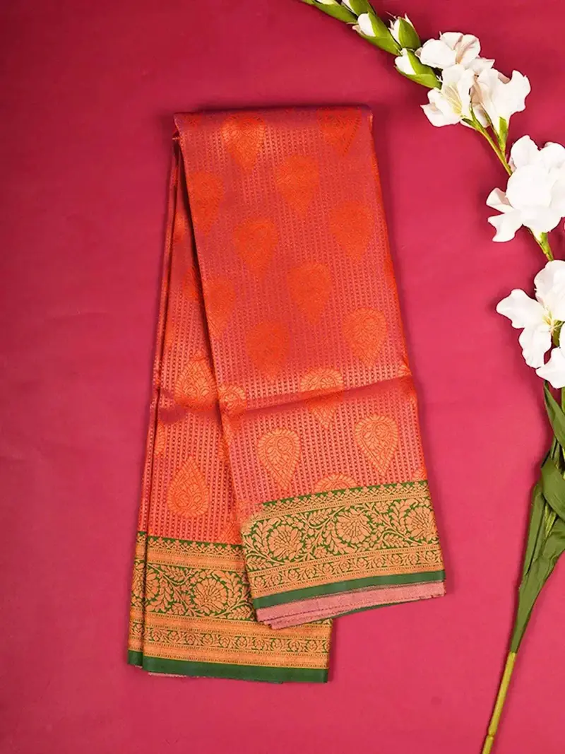 Pink Art Silk Saree With Leaf And Floral Motifs On The Body With Contrast Designed Border 1