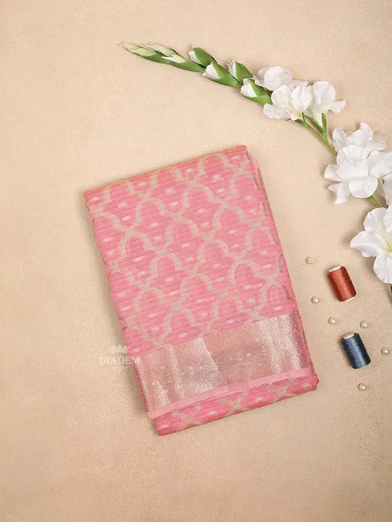 Pink Art Silk Saree With Scalloped Arch Design On The Body With Zari Border 1
