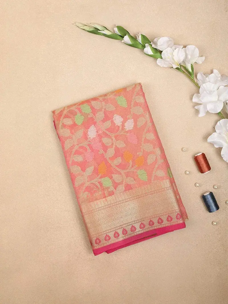 Pink Art Silk Saree With Vine Leaf Motif On The Body With Designed Border 1
