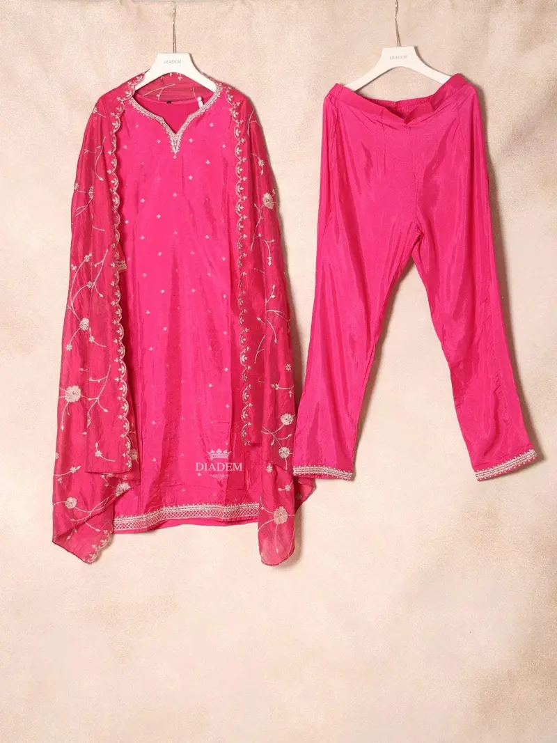 Pink Banaras Straight Cut Salwar Suit For Women With Zari And Embroidery Paired With Dupatta 1