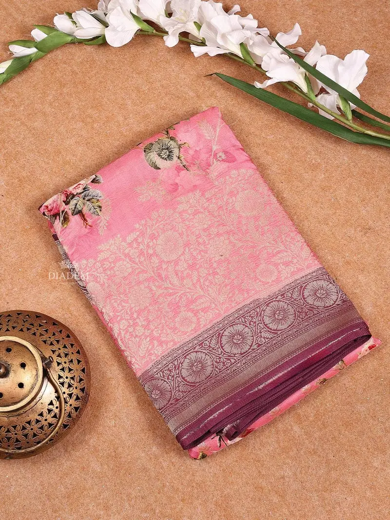 Pink Banarasi Saree With Floral Design On The Body With Contrast Dark Border 1