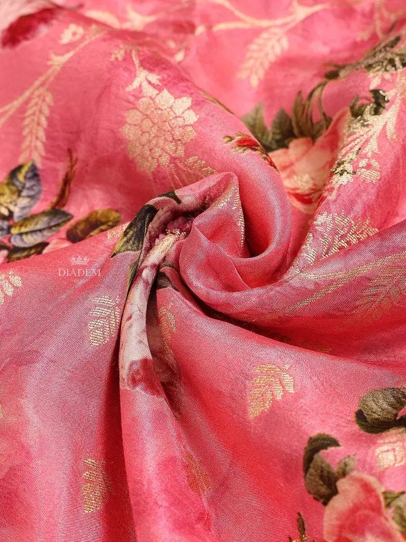 Pink Banarasi Saree With Floral Design On The Body With Contrast Dark Border 2