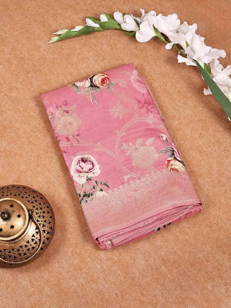 Pink Banarasi Saree With Floral Design On The Body With Matching Border 1