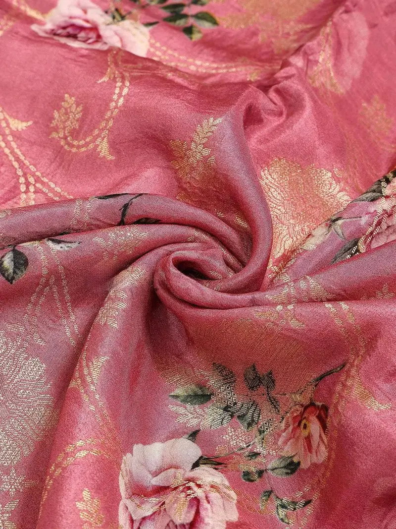 Pink Banarasi Saree With Floral Design On The Body With Matching Border 2