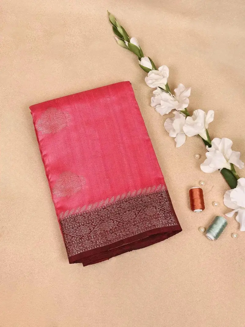 Pink Banarasi Saree With Floral Motif On The Body With Contrast Zari Border 1