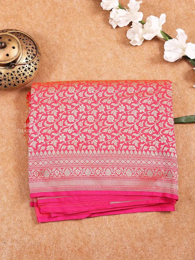 Pink Banarasi Saree With Floral Motifs & Zari Border 1