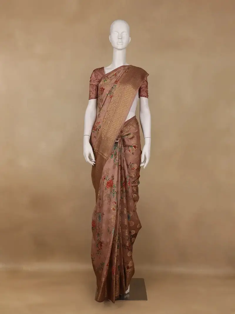 Pink Banarasi Saree With Flower And Leaf Design On The Body With Zari Border 1
