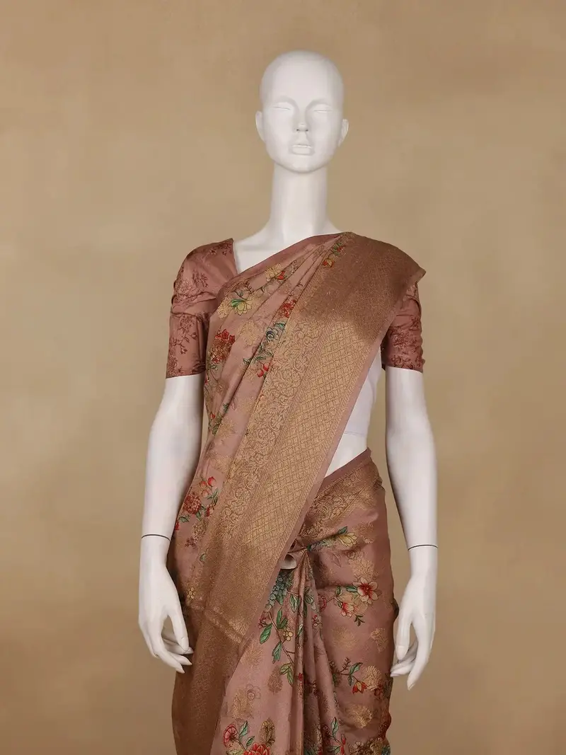 Pink Banarasi Saree With Flower And Leaf Design On The Body With Zari Border 2