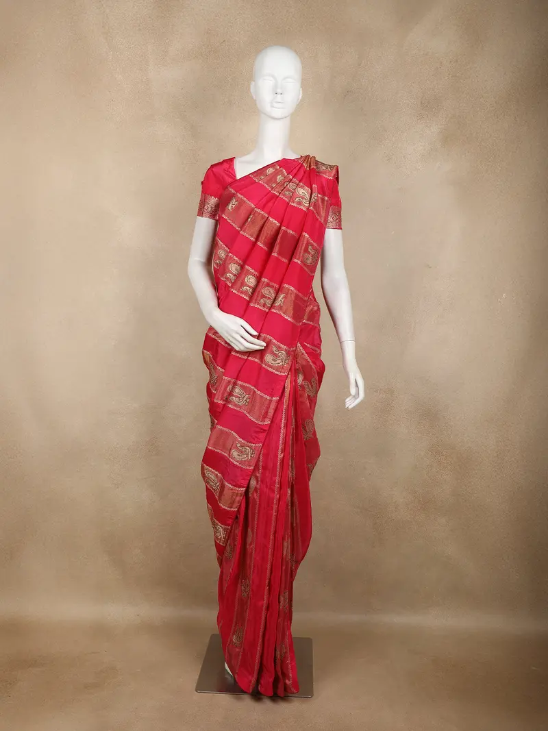 Pink Banarasi Saree With Stripes Design And Designer Border 1