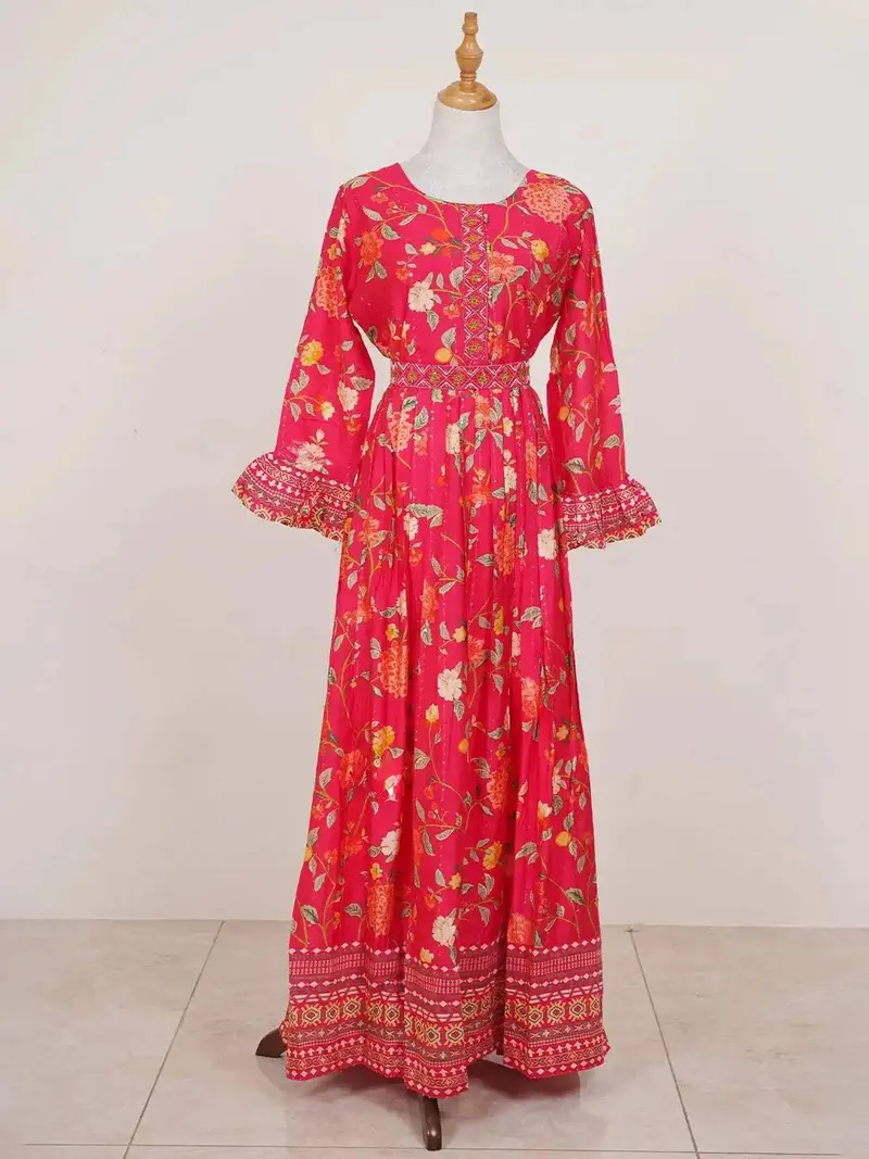 Pink Bell Sleeves Kurti Adorned With Floral Prints And Sequins 1