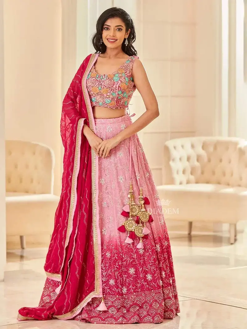 Pink Bridal Lehenga With Flower Resham Embroidery 1