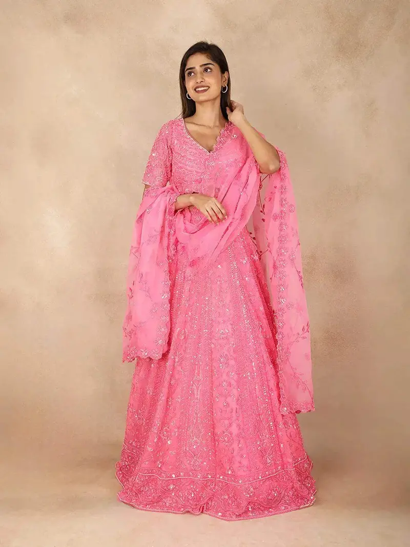 Pink Bridal Lehenga With Sequins Beads Floral Design 1