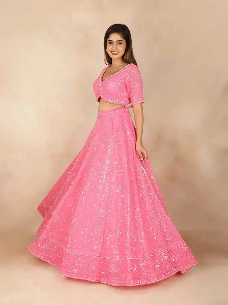 Pink Bridal Lehenga With Sequins Beads Floral Design 2