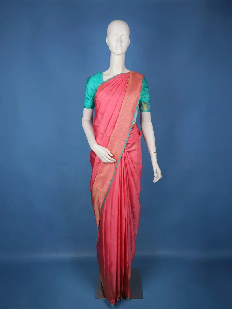 Pink Butta Woven Pure Kanchipuram Silk Saree With Contrast Teal Blue Blouse 1