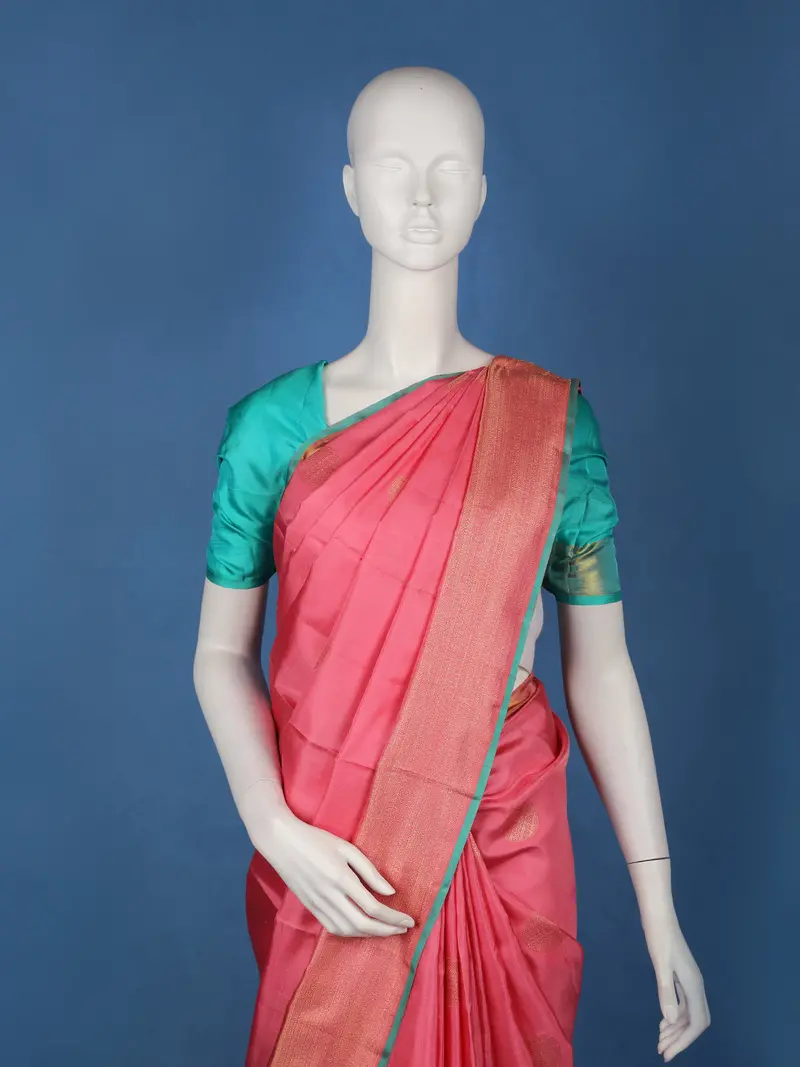 Pink Butta Woven Pure Kanchipuram Silk Saree With Contrast Teal Blue Blouse 2