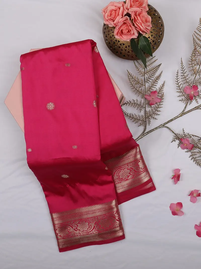 Pink Butta Woven Soft Silk Saree With Gold Zari Floral Border 1