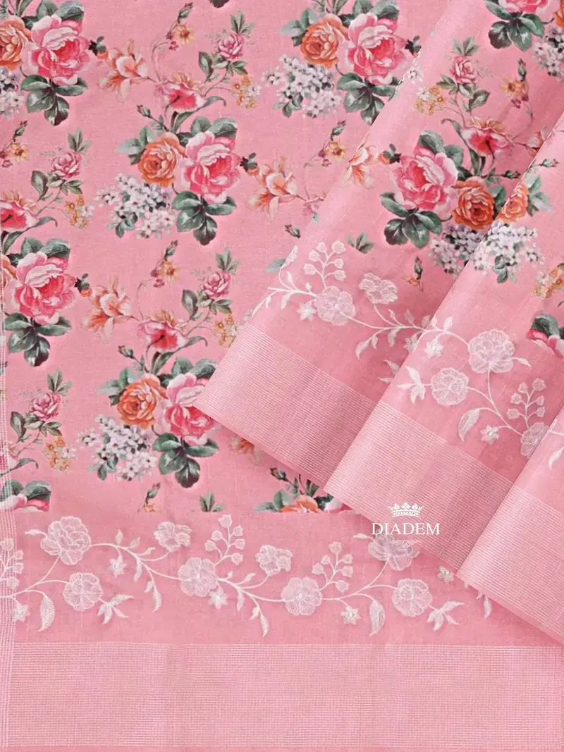 Pink Chanderi Silk Saree With Floral Prints On The Body And Thread Border 1