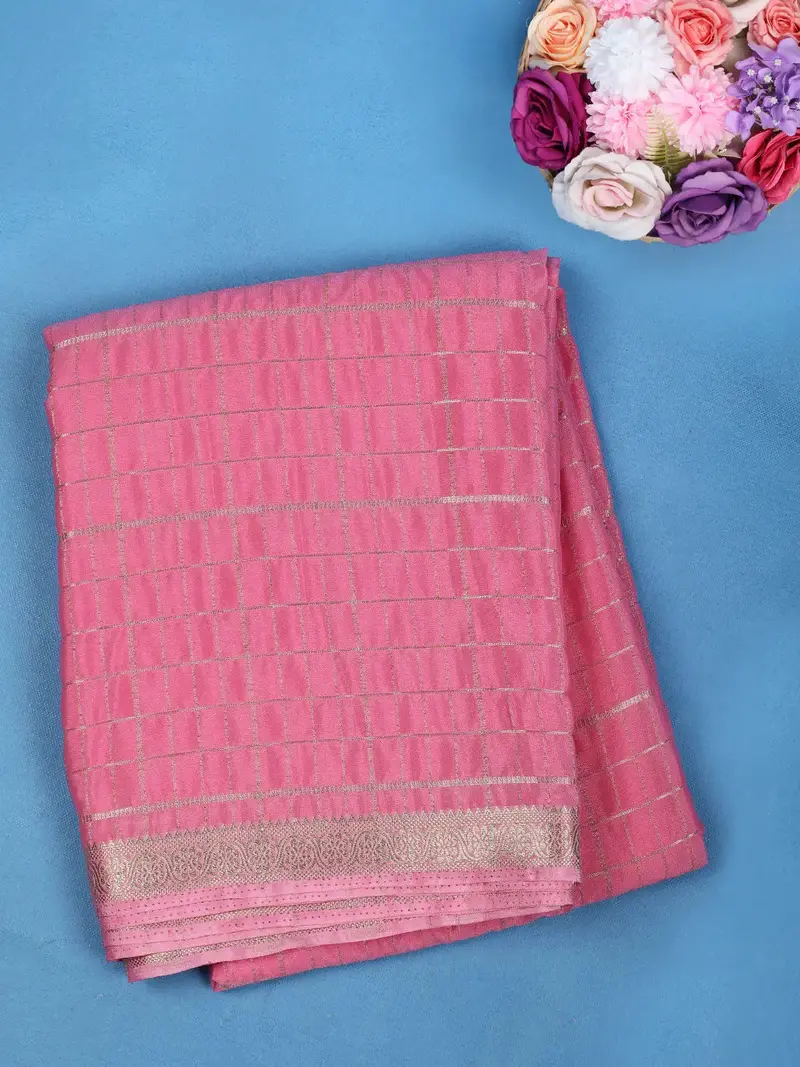 Pink Checked Design Mysore Silk Saree 1