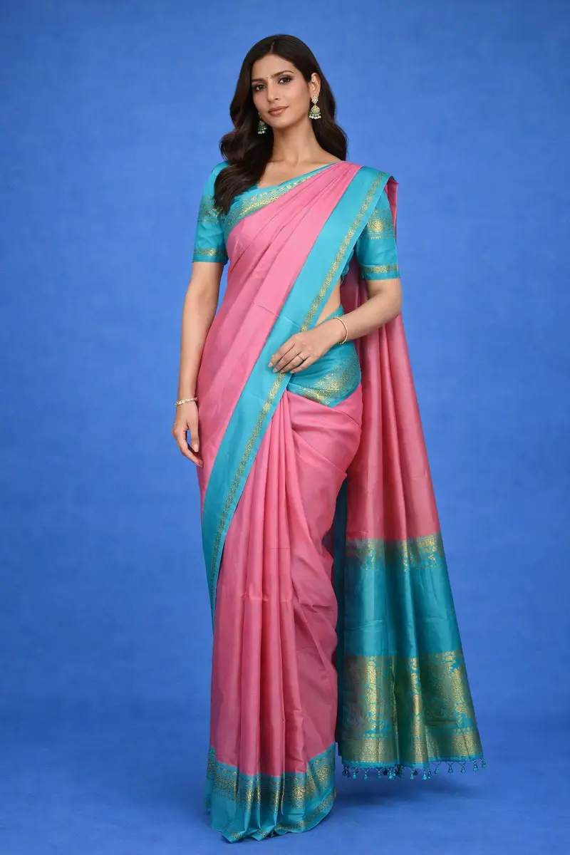 Pink Checked Design Woven Pure Kanchipuram Silk Saree With Contrast Border 1