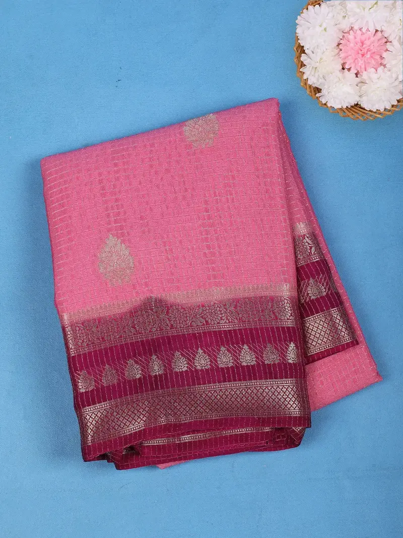 Pink Checked Mysore Silk Saree With Silver Zari Motifs And Maroon Border 1