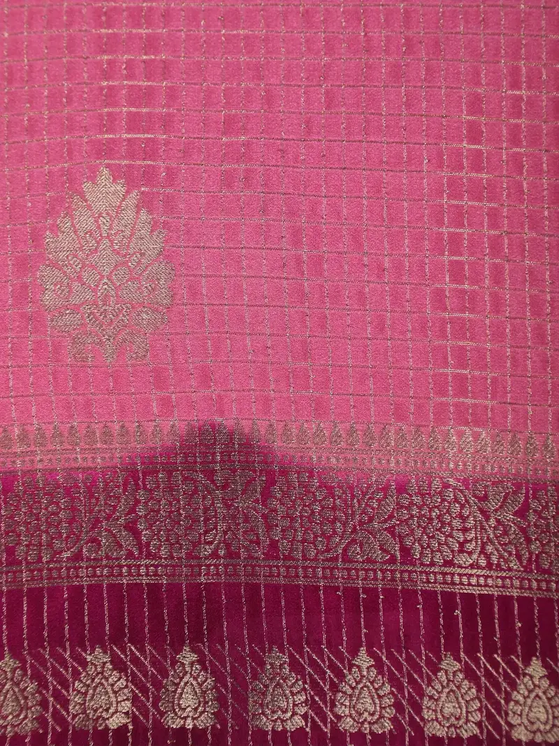 Pink Checked Mysore Silk Saree With Silver Zari Motifs And Maroon Border 2