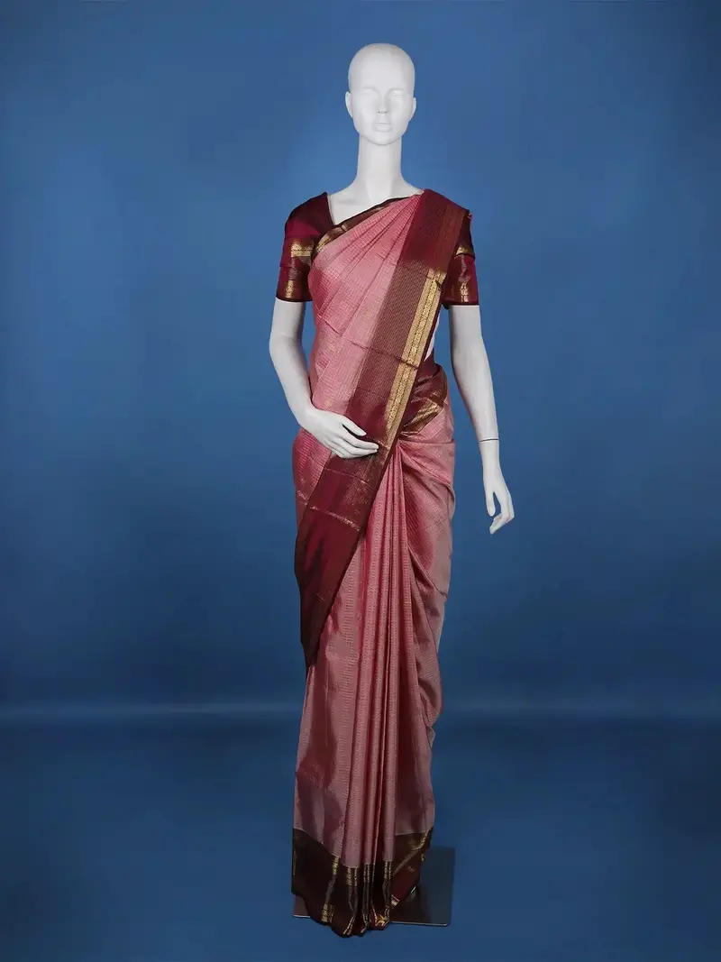 Pink Checked Woven Pure Kanchipuram Silk Saree 1